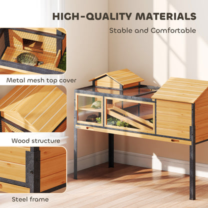 PawHut Wooden Tortoise House with Stand Legs, Clear Observation Windows, Ramps, Openable Top, Built-in Tray, Yellow