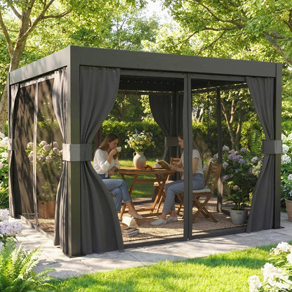 Outsunny 3 x 3 m Louvered Pergola with Adjustable Metal Louvred Roof, Aluminium Patio Gazebo with Netting and Curtains, Dark Grey