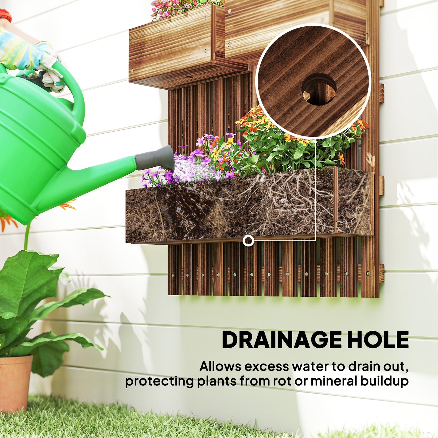 Outsunny Set of 2 Wall-mounted Wooden Garden Planters with Trellis, Drainage Holes and Movable Planter Boxes, Wall Raised Garden Bed for Patio, Carbonised