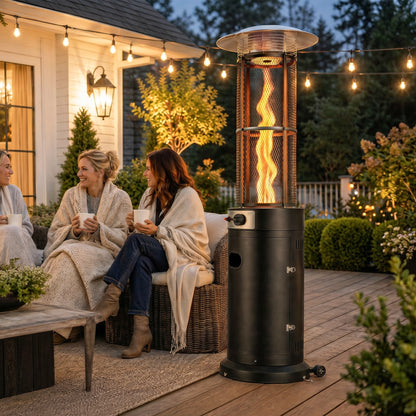 Outsunny 11 KW Freestanding Gas Patio Heater, Adjustable Outdoor Garden Propane Heater with Tip-Over Switch, Wheels, Pulse Ignition, Tank Room with Openable Door, Black