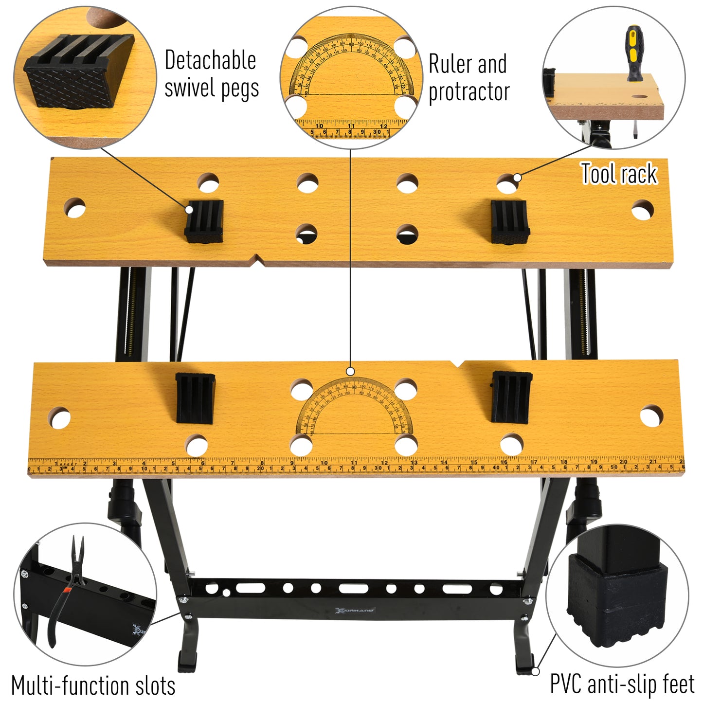 DURHAND 4-in-1 Work Bench, Folding Clamp Table w/ 4 Adjustable Clamping Pegs for DIY Home Garage, Black