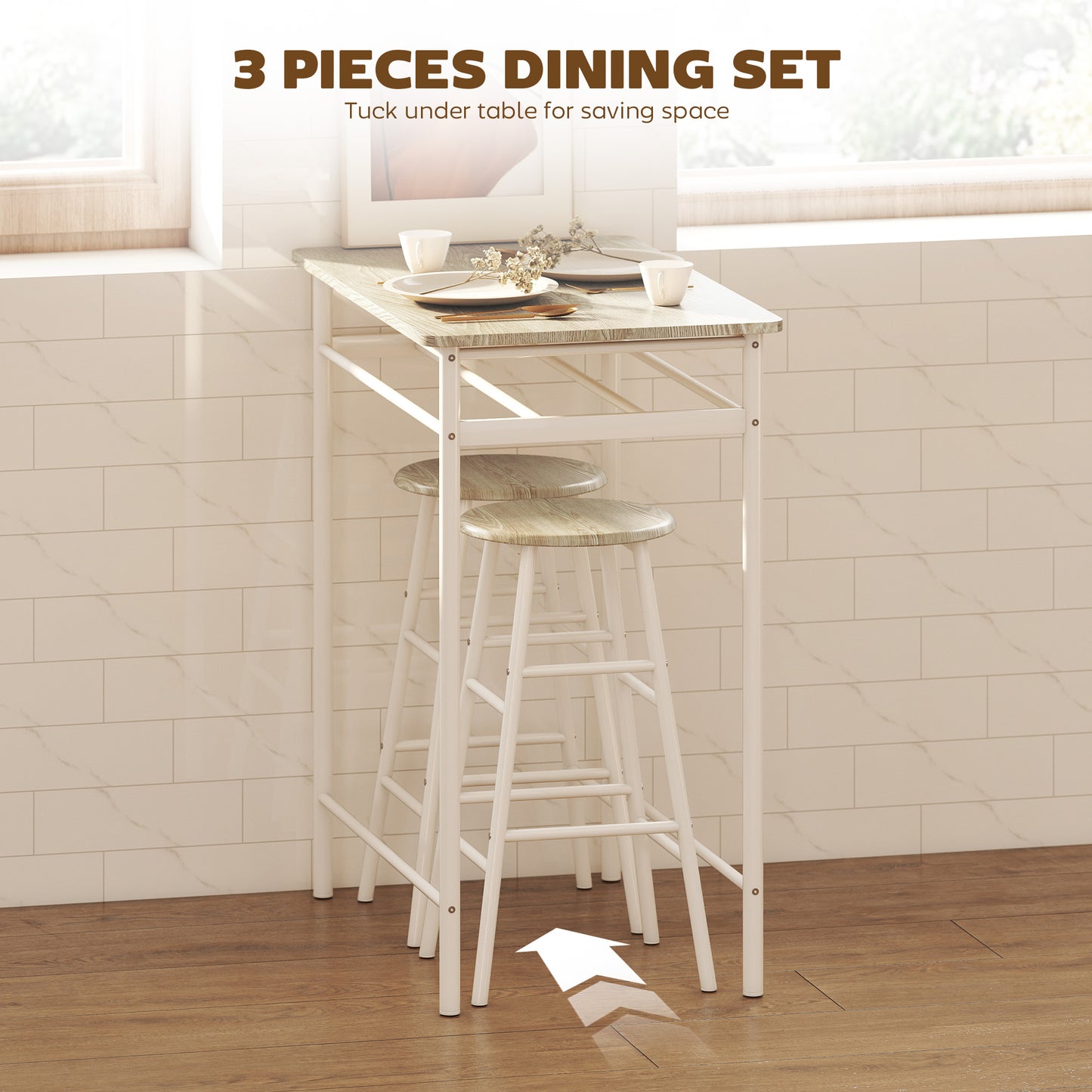 HOMCOM Bar Table Set, Bar Table and Stools Set, Footrest and Storage Shelf, for Kitchen, Dining Room, Pub, Cafe, White and Oak--ChewyGames-ChewyGames