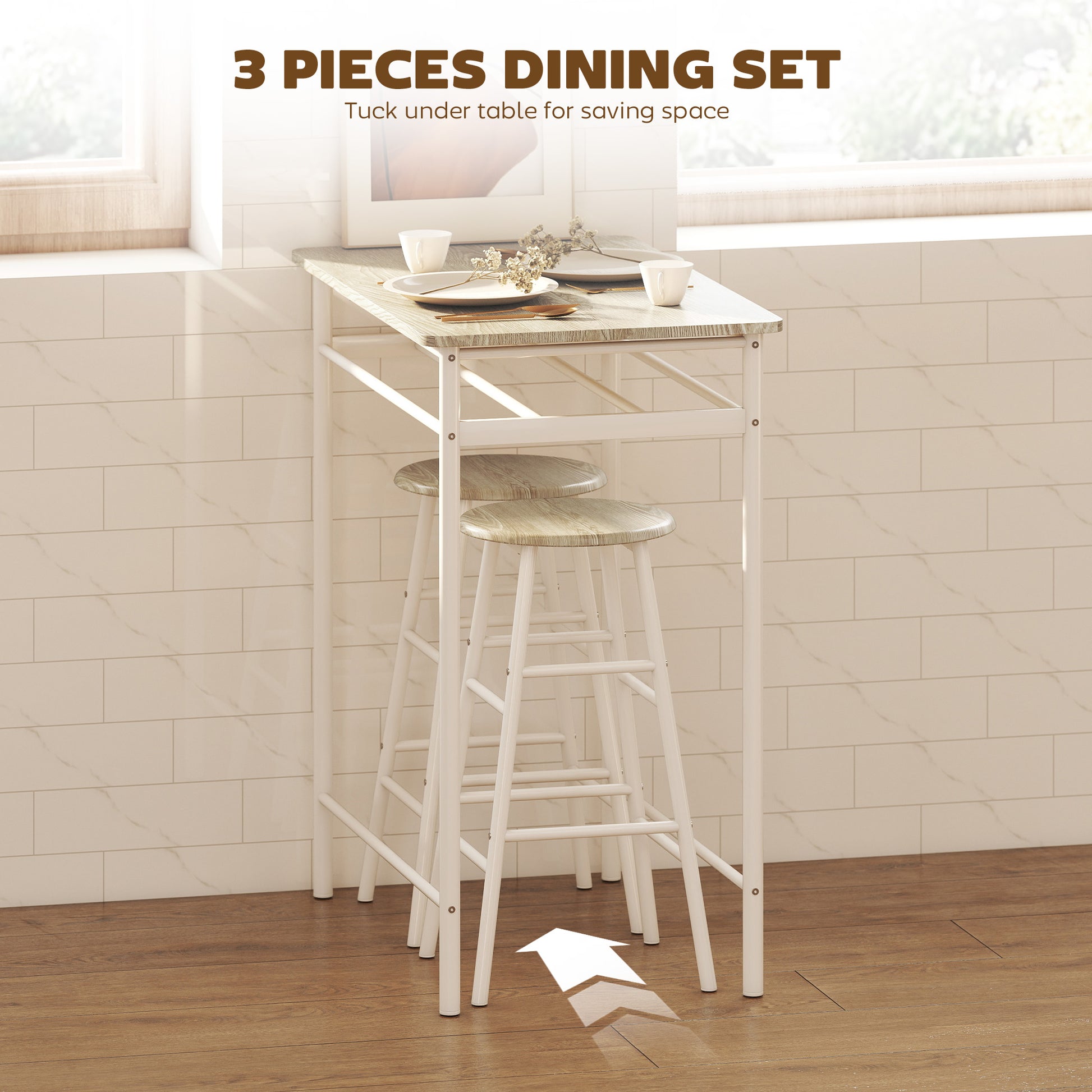 HOMCOM Bar Table Set, Bar Table and Stools Set, Footrest and Storage Shelf, for Kitchen, Dining Room, Pub, Cafe, White and Oak--ChewyGames-ChewyGames