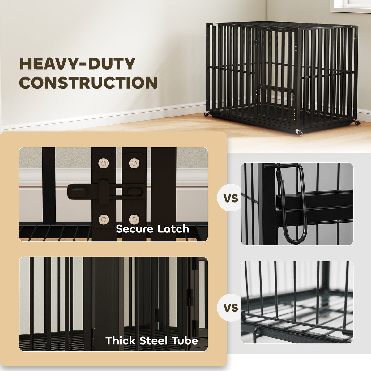 PawHut Heavy Duty Dog Crate, Dog Cage with Wheels for Medium Large Breeds, Metal Pet Kennel with Removable Tray