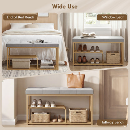 HOMCOM Bench and Shoe Storage, Tufted Shoe Storage Bench with Velvet Seat Cushion Gold Steel Frame for Entryway, Grey