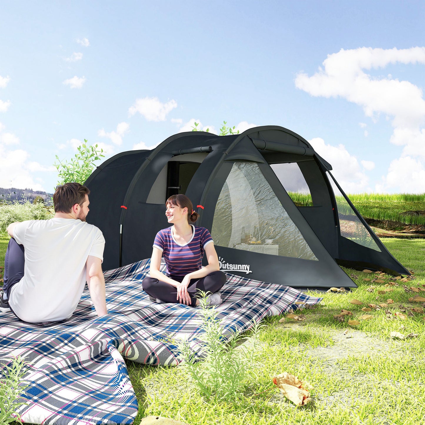 Outsunny 3-4 Man Tunnel Tent, Two Room Camping Tent with Windows, Portable Carry Bag, for Fishing, Hiking, Sports, Festival - Black