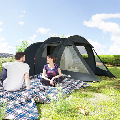 Outsunny 3-4 Man Tunnel Tent, Two Room Camping Tent with Windows, Portable Carry Bag, for Fishing, Hiking, Sports, Festival - Black