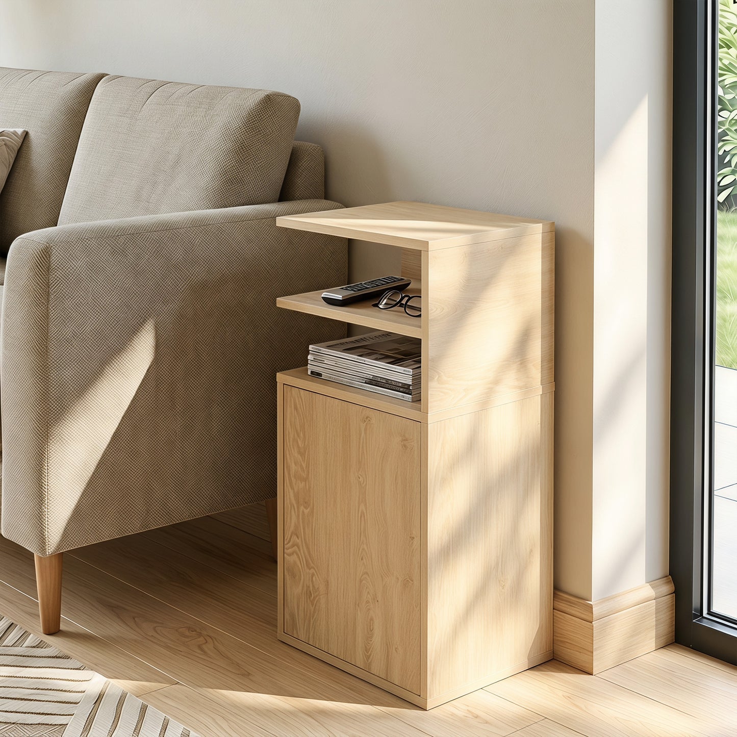 HOMCOM Slim Bedside Table Set of 2, Narrow Bedside Cabinet with Open Cubbies and Cupboard for Bedroom Living Room, Oak