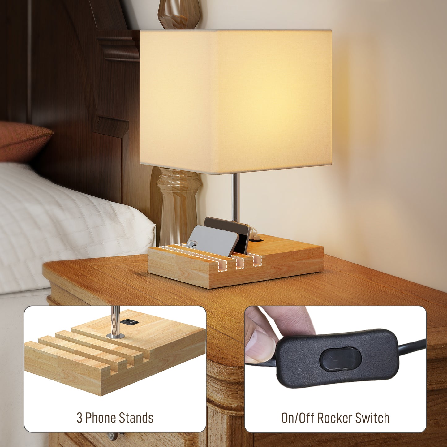 HOMCOM Bedside Lamp with USB A+C Charging Ports and 3 Phone Stands, Modern Table Lamp with Solid Wood Base and Fabric Shade for Bedroom Living Room Office, E27 Socket, Bulb Not Included, White