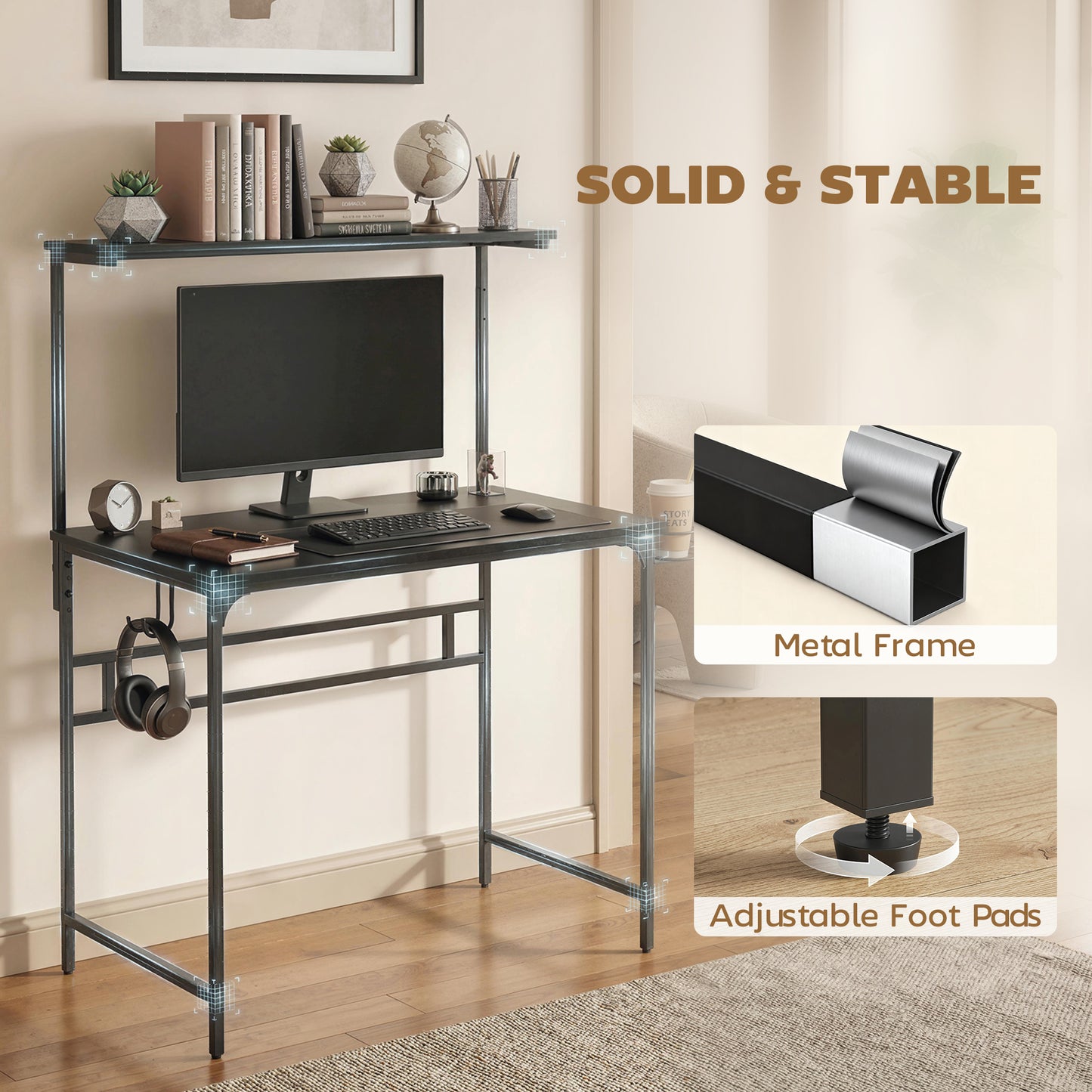 HOMCOM Computer Desk, 80cm Home Office Study Table with Hutch Shelf, Cup Holder, Headphone Hook, Black