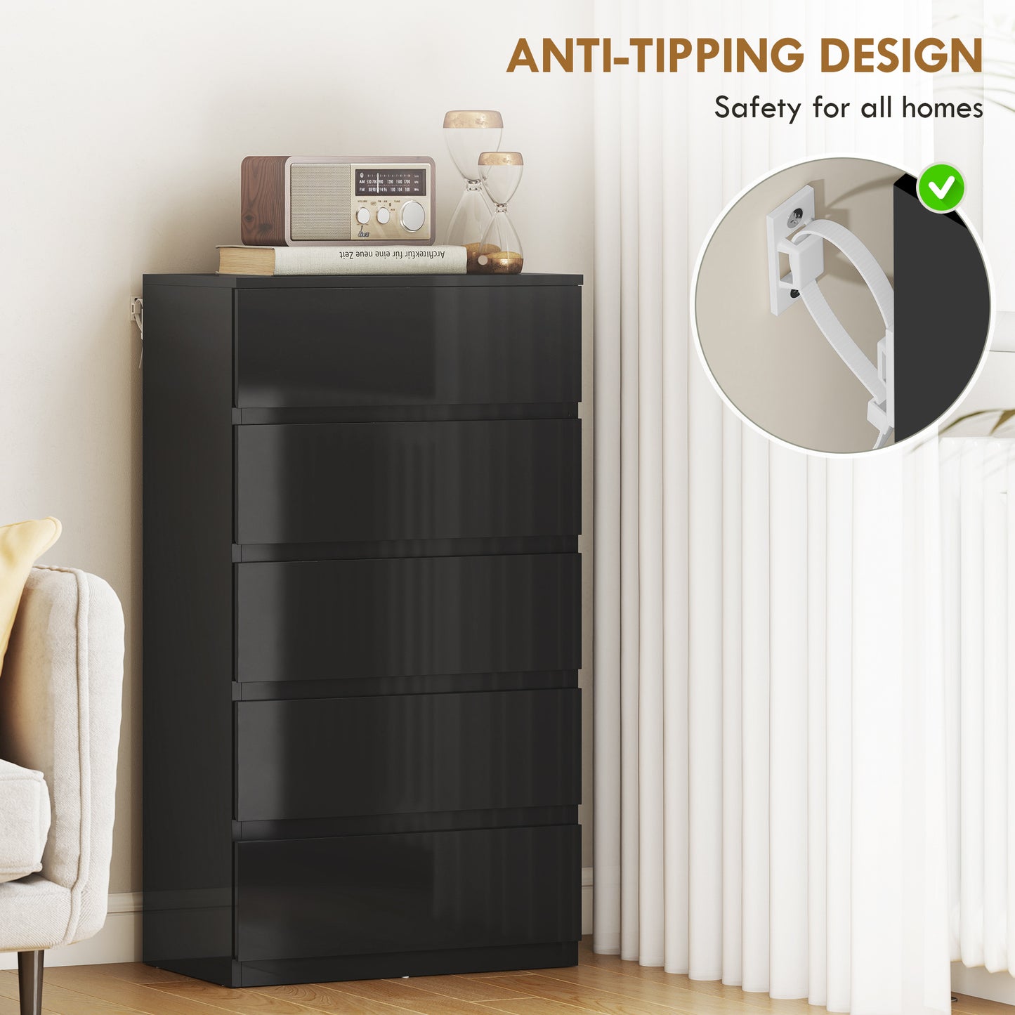 HOMCOM Chest of Drawers, 5-Drawer Storage Cabinets, Modern Dresser, Storage Drawer Unit for Bedroom