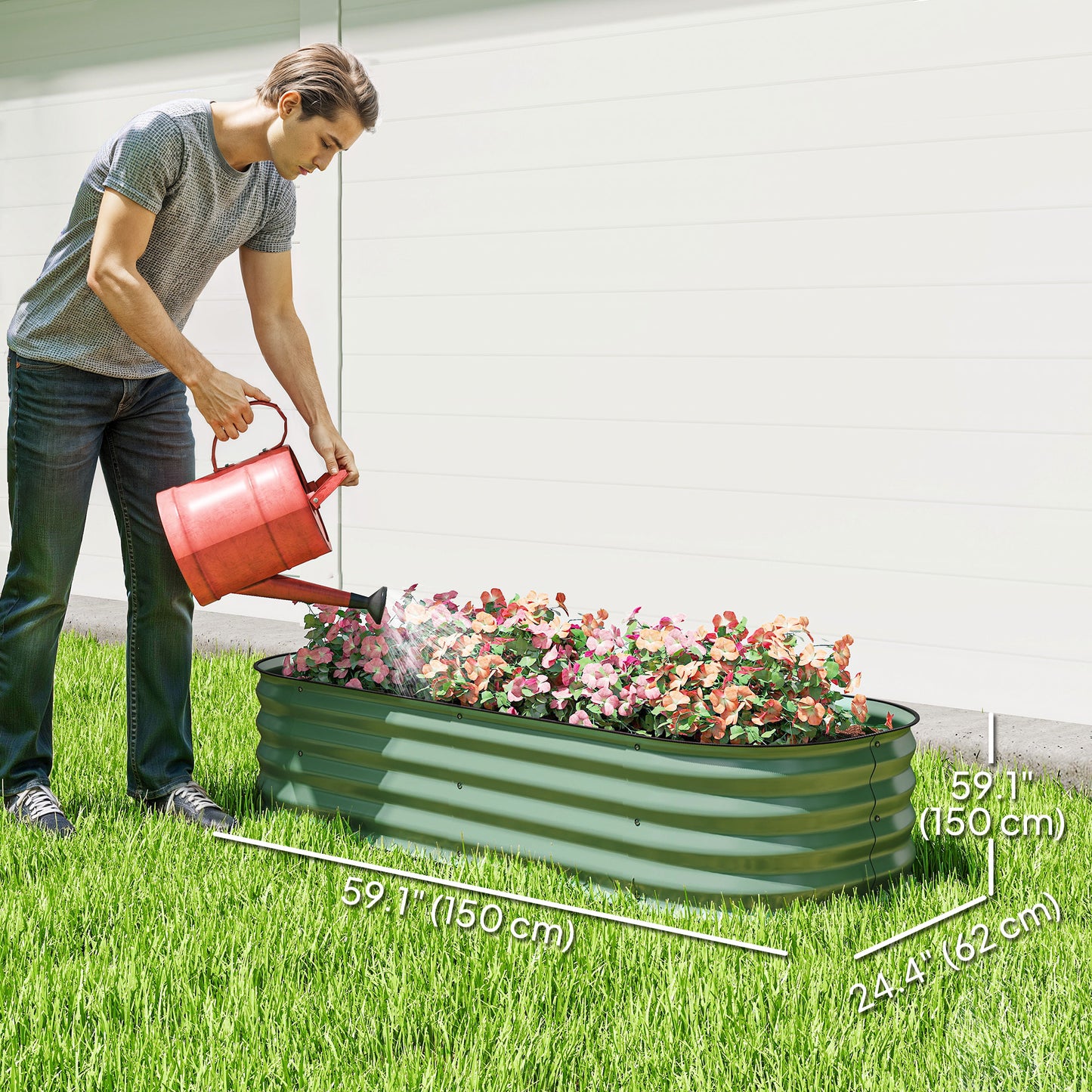 Outsunny Galvanised Raised Garden Bed, Metal Planter Box with Safety Edging, for Flowers, Herbs, Succulents, Green