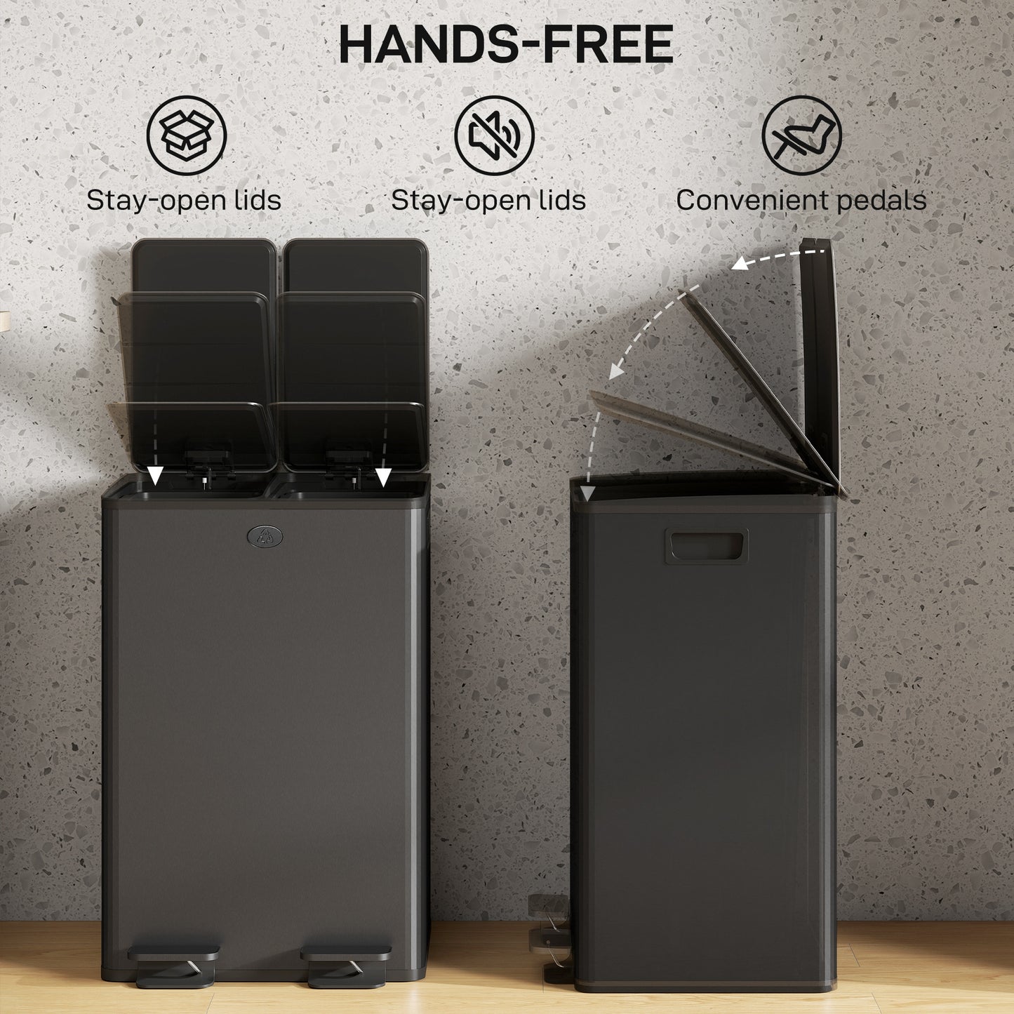 HOMCOM 56L Dual Compartment Stainless Steel Bin, with Deodoriser Holders - Black