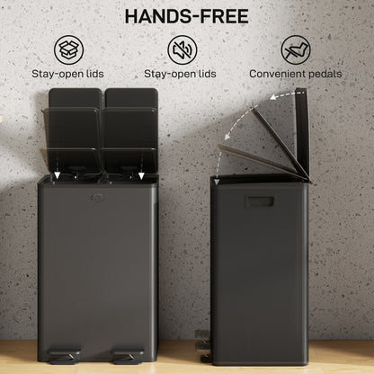 HOMCOM 56L Dual Compartment Stainless Steel Bin, with Deodoriser Holders - Black