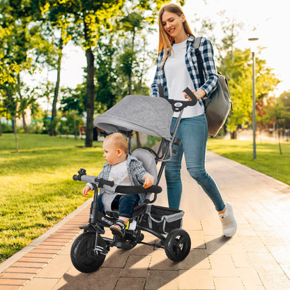 HOMCOM 6 in 1 Kids Trike Push Bike w/ Push Handle, Canopy, 5-point Seat Belt, Storage, Footrest, Brake, for 1-5 Years, Grey