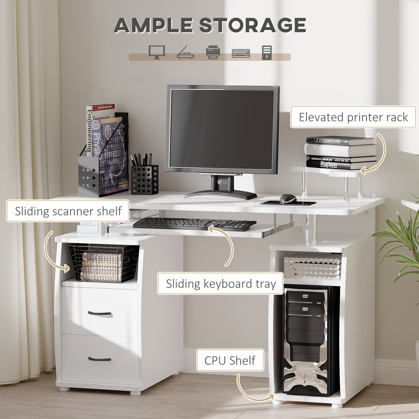 HOMCOM Home Study Desk Writing Table with Drawers, Writing Desk Study Table with Side Storage and Sliding Shelf, White