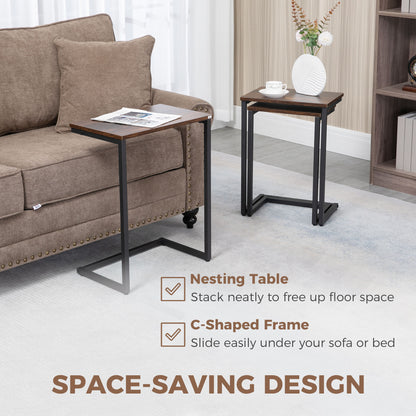 HOMCOM Nesting Side Tables Set of 3, C-Shaped Snack Side Tables with Steel Frame for Sofa Couch and Bed, Rustic Brown