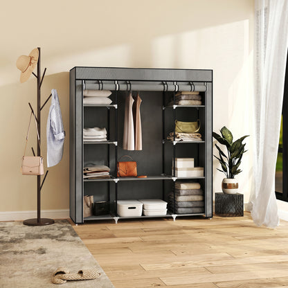 HOMCOM Clothes Storage Organiser with Hanging Rail, Shelves, Portable Wardrobe, Foldable Fabric Wardrobe, Dark Grey