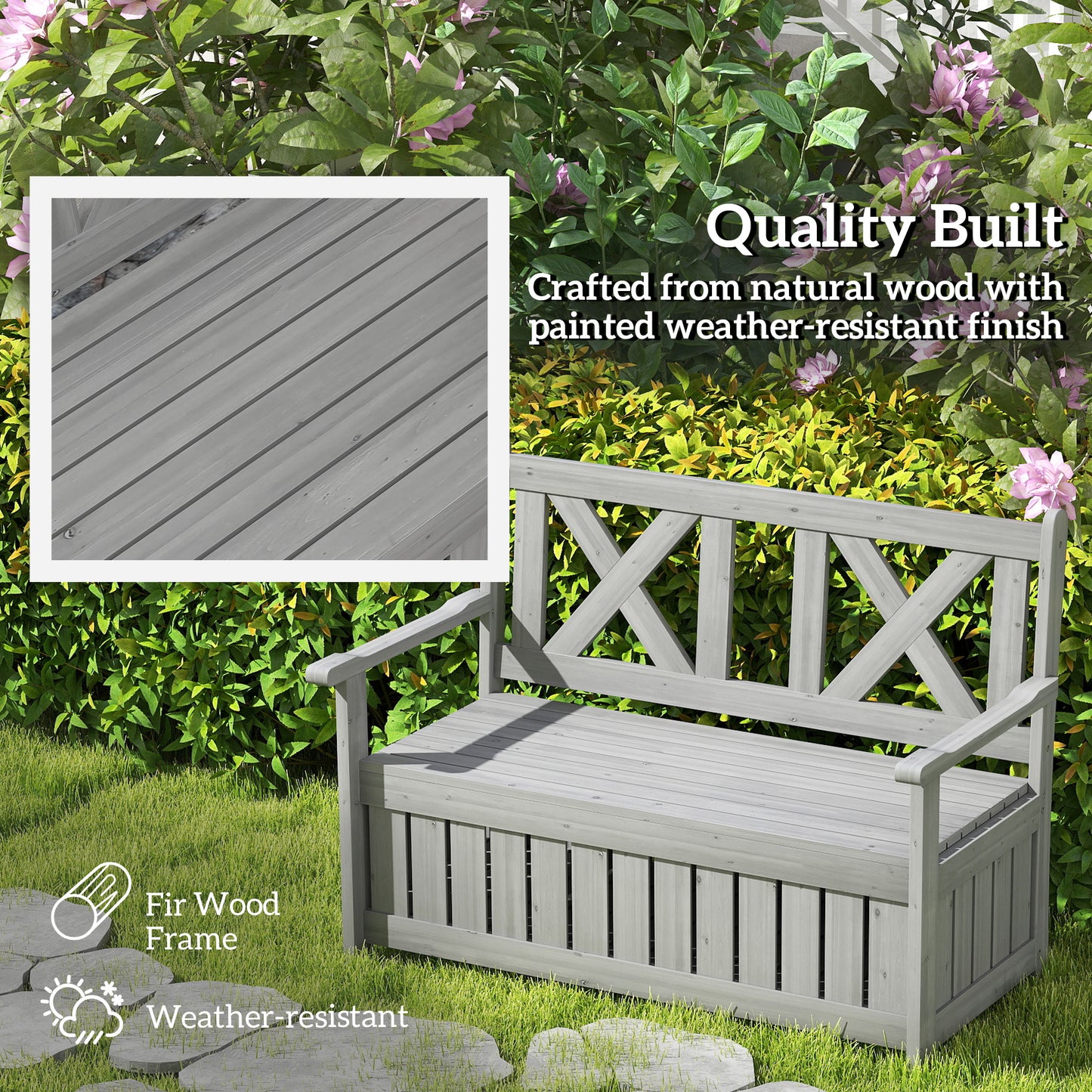 Outsunny 2-Seater Garden Storage Bench for Patio Wood Porch Decor Outdoor Seating, Charcoal Grey