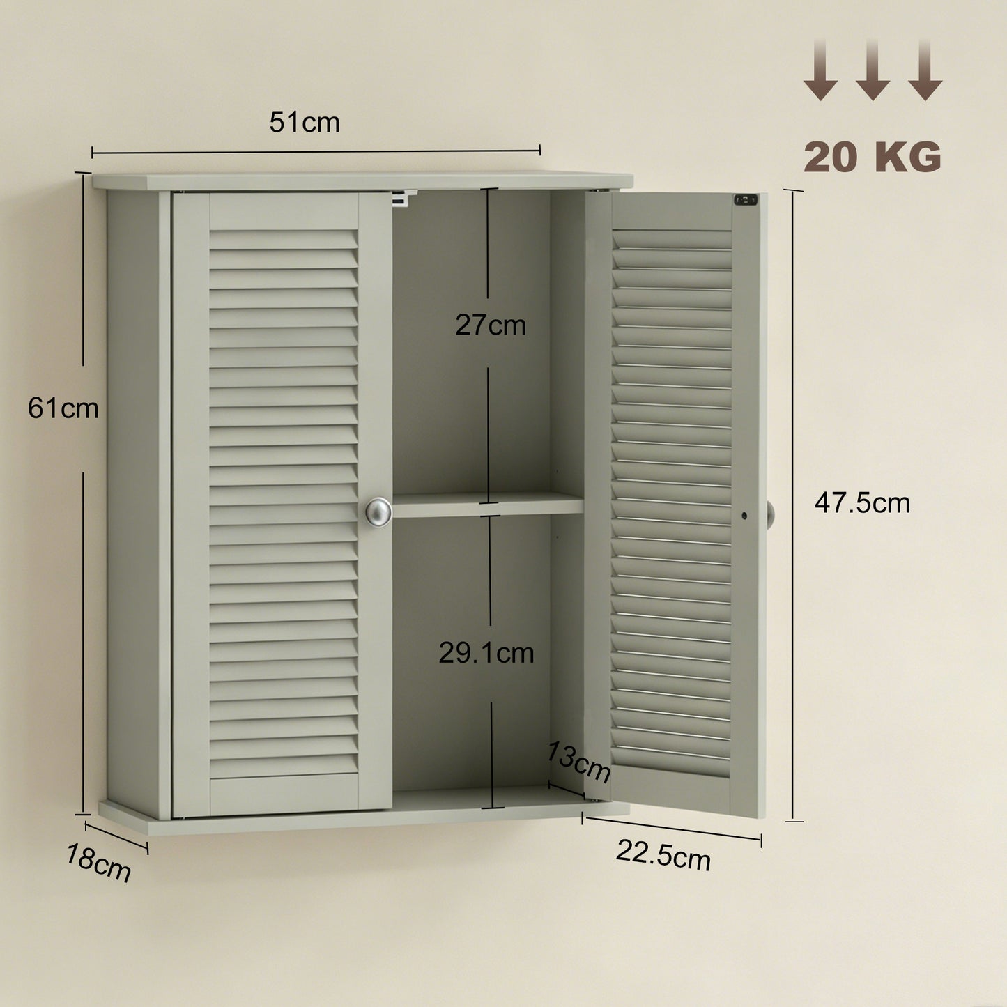 HOMCOM Bathroom Cabinet, Bathroom Wall Cabinet with Louvered Doors and Adjustable Shelf Storage for Kitchen, Light Green