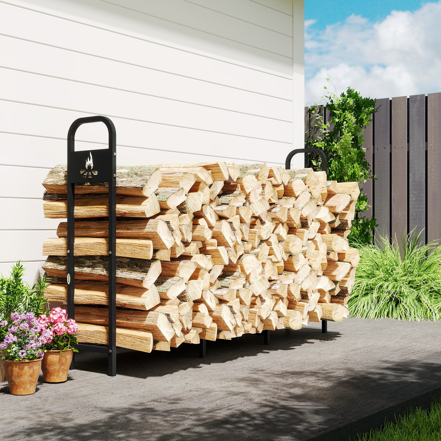 Outsunny 6.5 FT Steel Firewood Log Rack with 300 kg Capacity, Heavy Duty Indoor Outdoor Fireplace Wood Storage Shelf, Log Holder/Stand with Extra Support Legs, Decorative Bonfire Pattern, Black