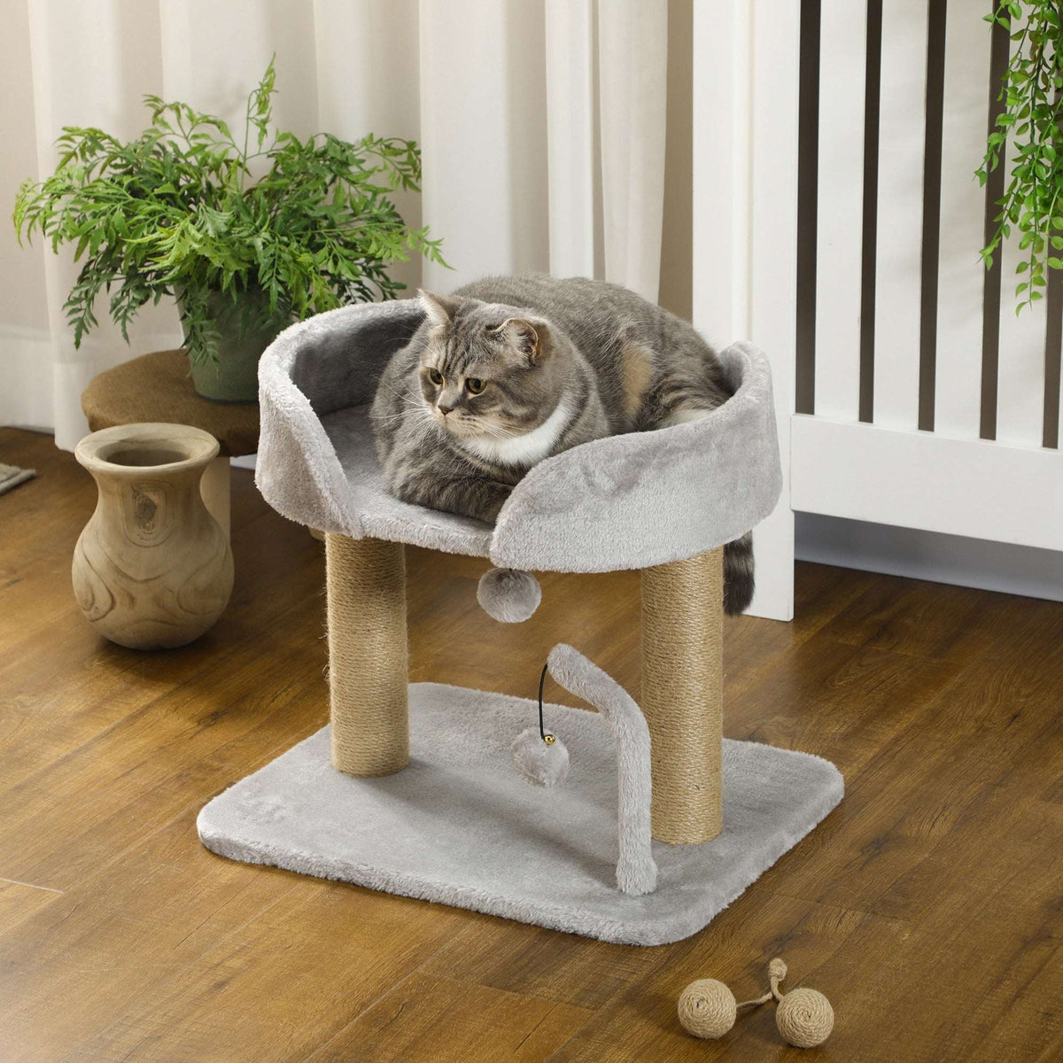 PawHut 42cm Indoor Cat Tree, with Toy Balls, Jute Scratching Post - Light Grey
