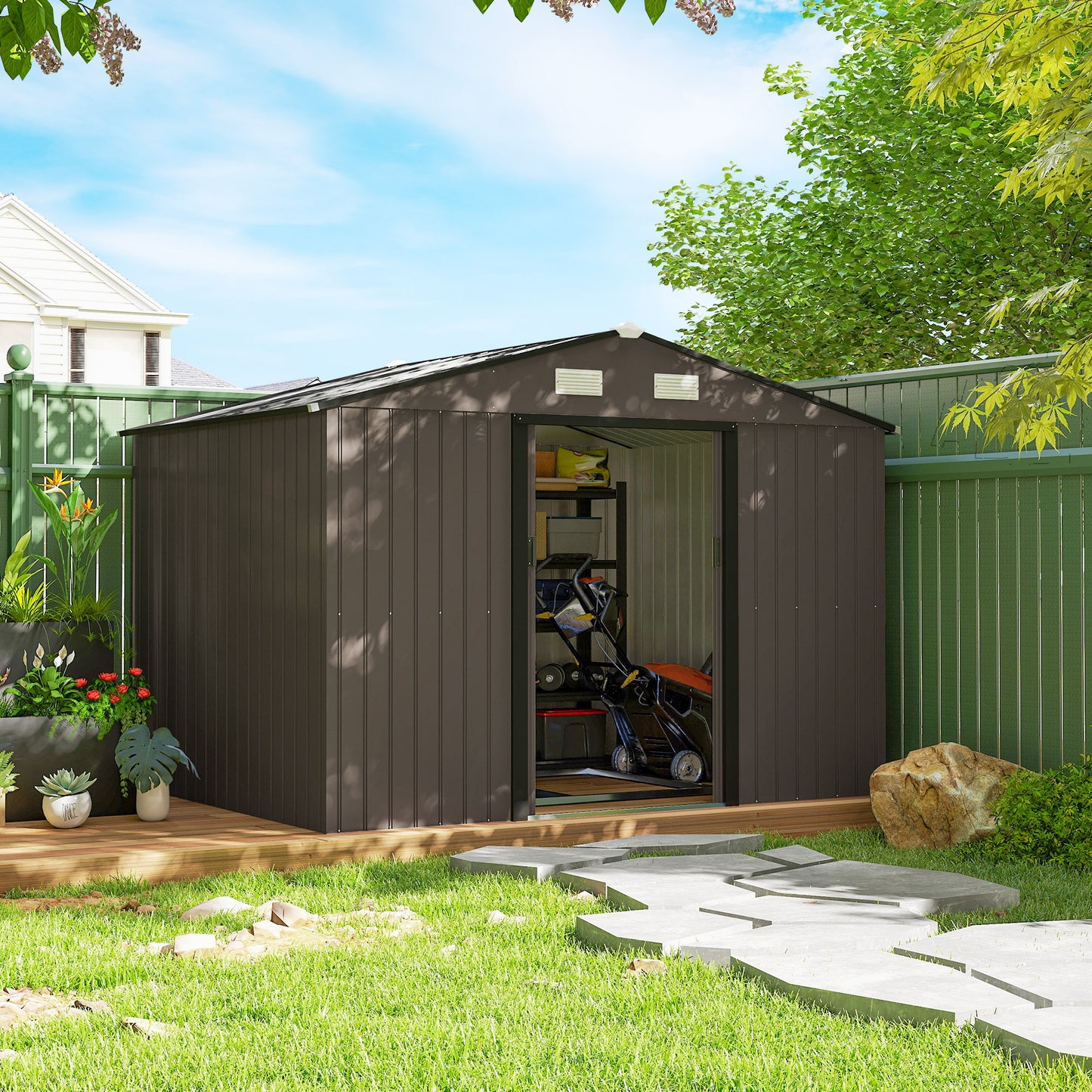 Outsunny 9 x 6ft Metal Garden Shed, Outdoor Storage Tool House with Ventilation Slots, Foundation Kit and Lockable Double Doors, Brown