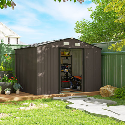 Outsunny 9 x 6ft Metal Garden Shed, Outdoor Storage Tool House with Ventilation Slots, Foundation Kit and Lockable Double Doors, Brown