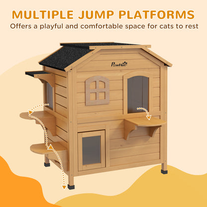 PawHut 2-story Cat House Outdoor, Weatherproof Wooden Cat Enclosure with Openable Roof, Jumping Platforms, Natural Wood Finish