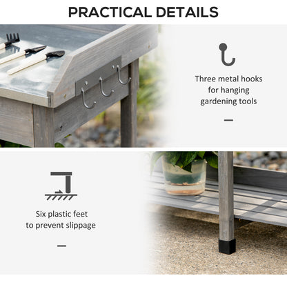 Outsunny Garden Potting Table with Storage, Workbench, Metal Top, Storage Shelves & Hooks for Patio, Courtyard, Wooden