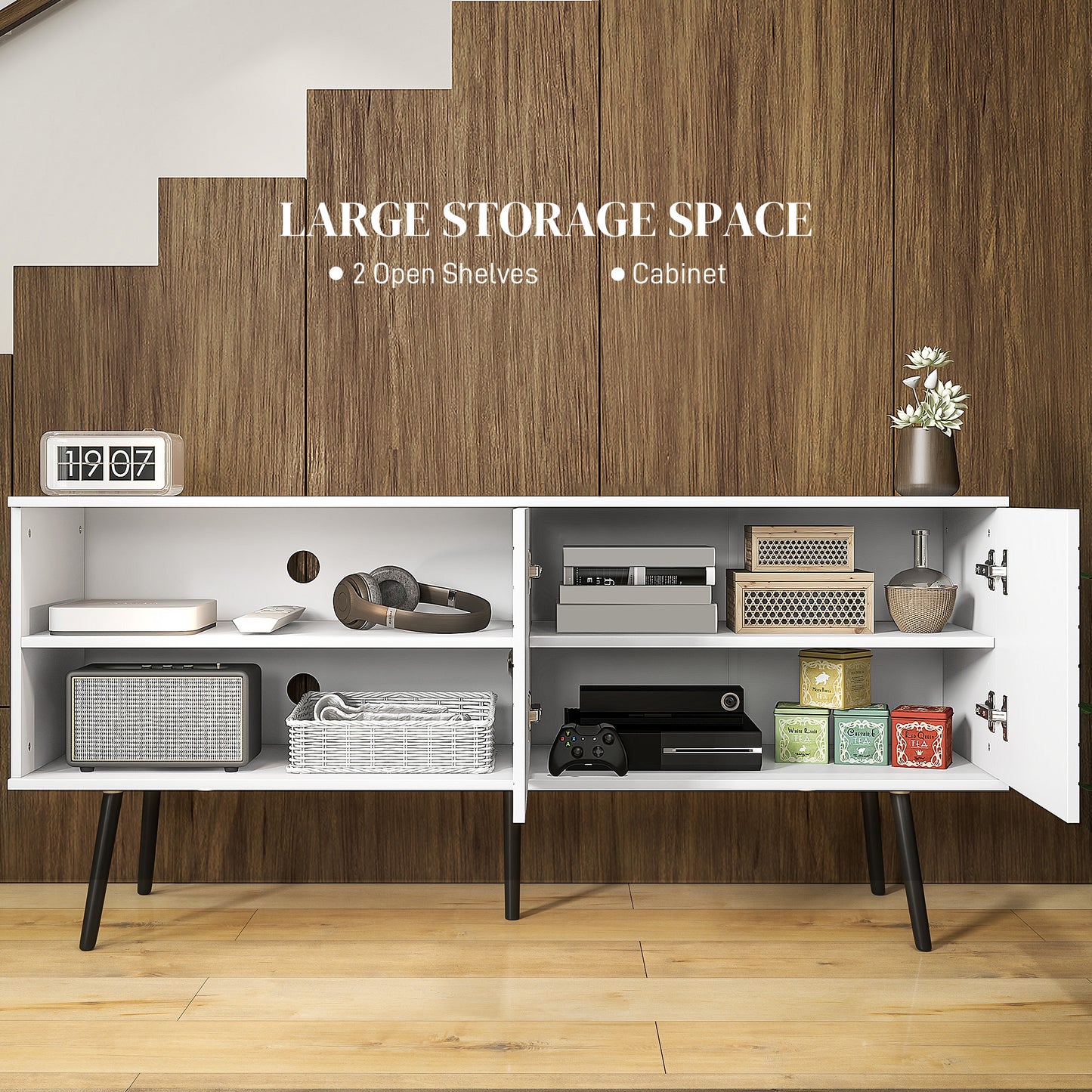 HOMCOM TV Stand with Cupboard, Open Shelves, Striped Doors, Wooden legs, White