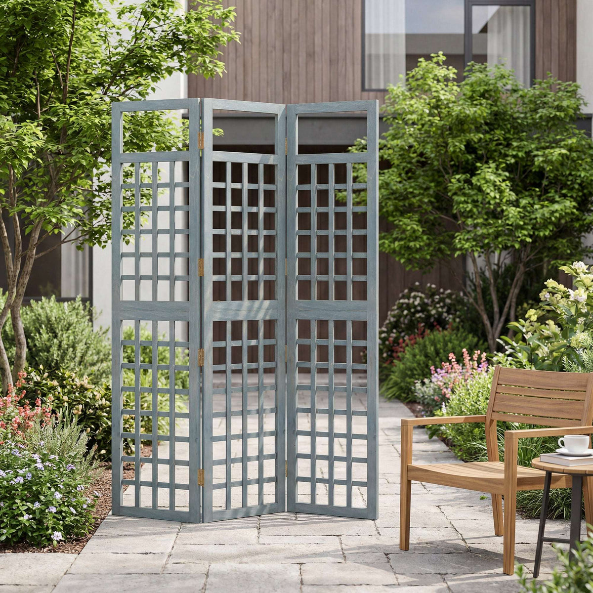 Outsunny 3-Panel Garden Privacy Screen, Freestanding Foldable Wooden Outdoor Divider/Trellis, Decorative Privacy Screen, Grey