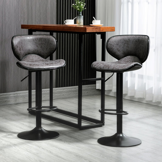HOMCOM Kitchen Stools Set of 2 61-81cm Sitting Height Leather Upholstered Bar Chairs, Dark Grey