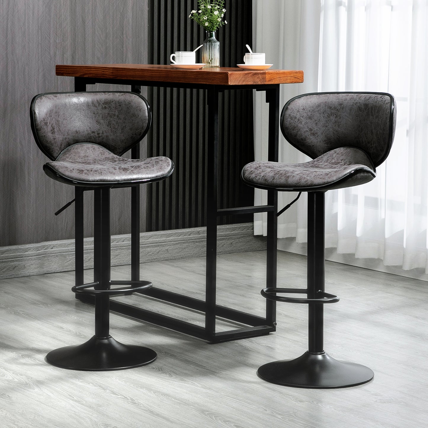 HOMCOM Kitchen Stools Set of 2  61-81cm Sitting Height Leather Upholstered Bar Chairs, Dark Grey