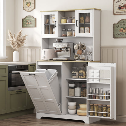 HOMCOM 175cm Tall Kitchen Cabinet, Kitchen Cupboard with Rubbish Bin Cabinet, 3 Door Shelves and 2 Acrylic Doors, White