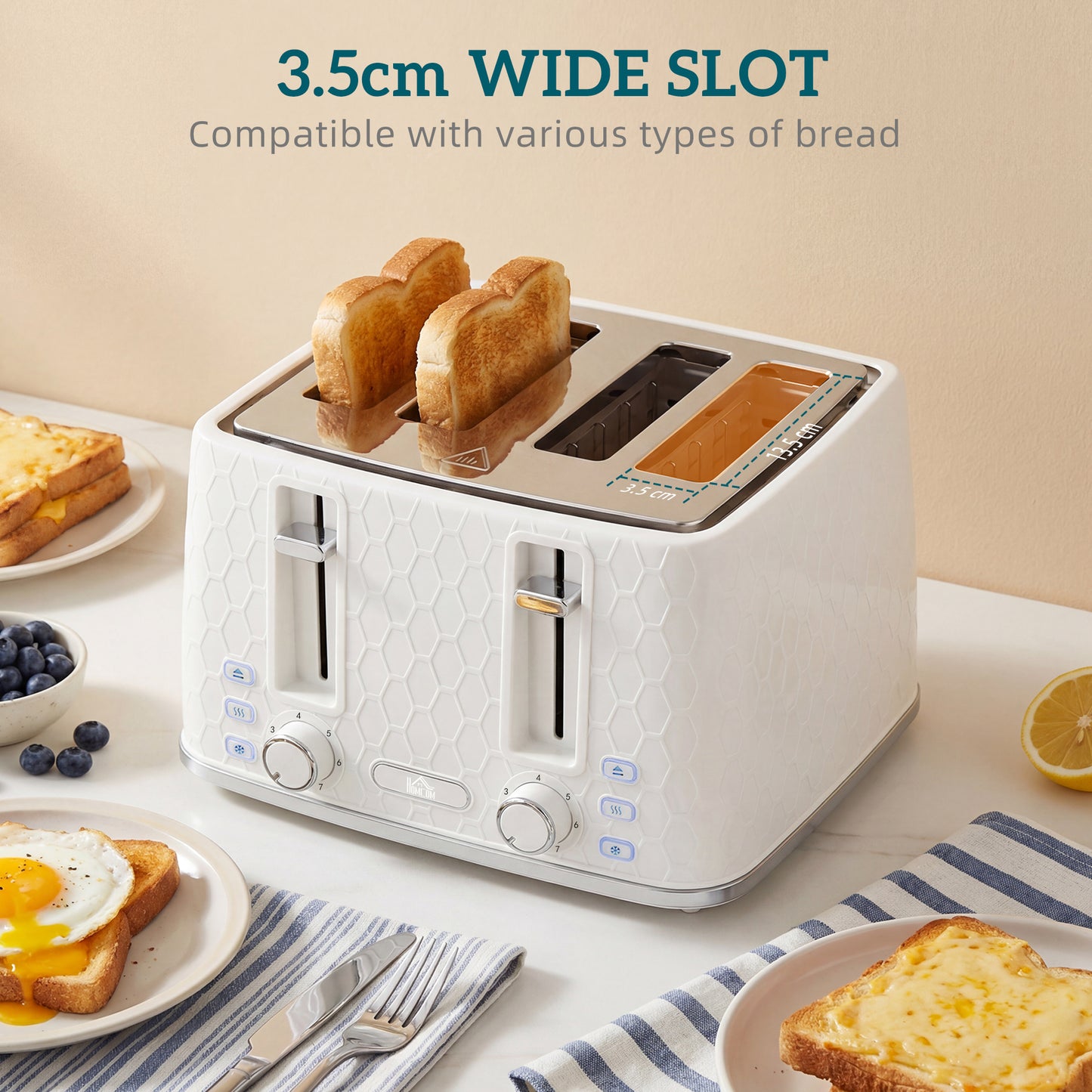 HOMCOM Kettle and Toaster Set, 1.7L 3000W Rapid Kettle with Strix Thermostat, 4 Slice Toaster with 7 Browning Controls, Cream