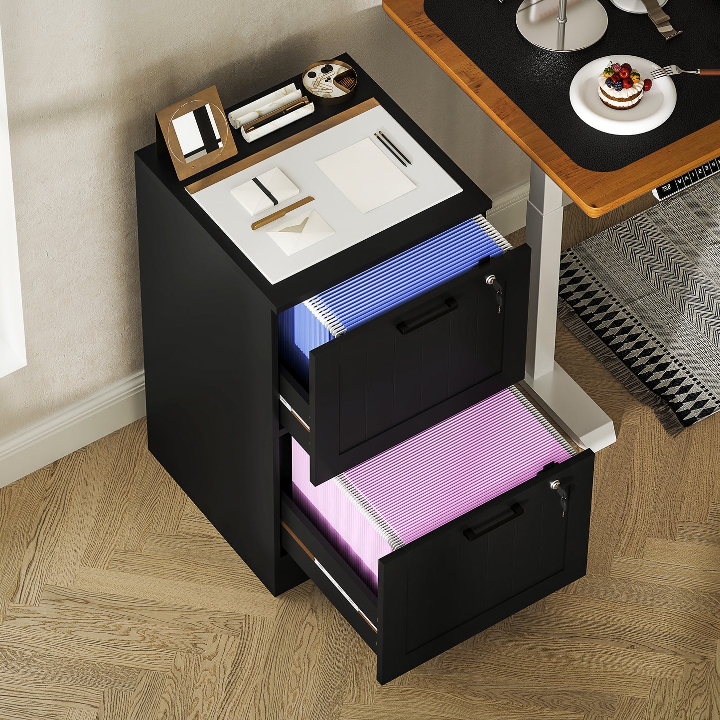 HOMCOM 2 Drawer Filing Cabinet with Lock, Office Storage Cabinet with Adjustable Hanging Bars for A4 Letter Size Files, Black