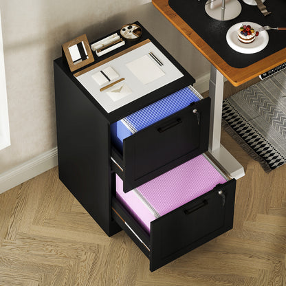 HOMCOM 2 Drawer Filing Cabinet with Lock, Office Storage Cabinet with Adjustable Hanging Bars for A4 Letter Size Files, Black