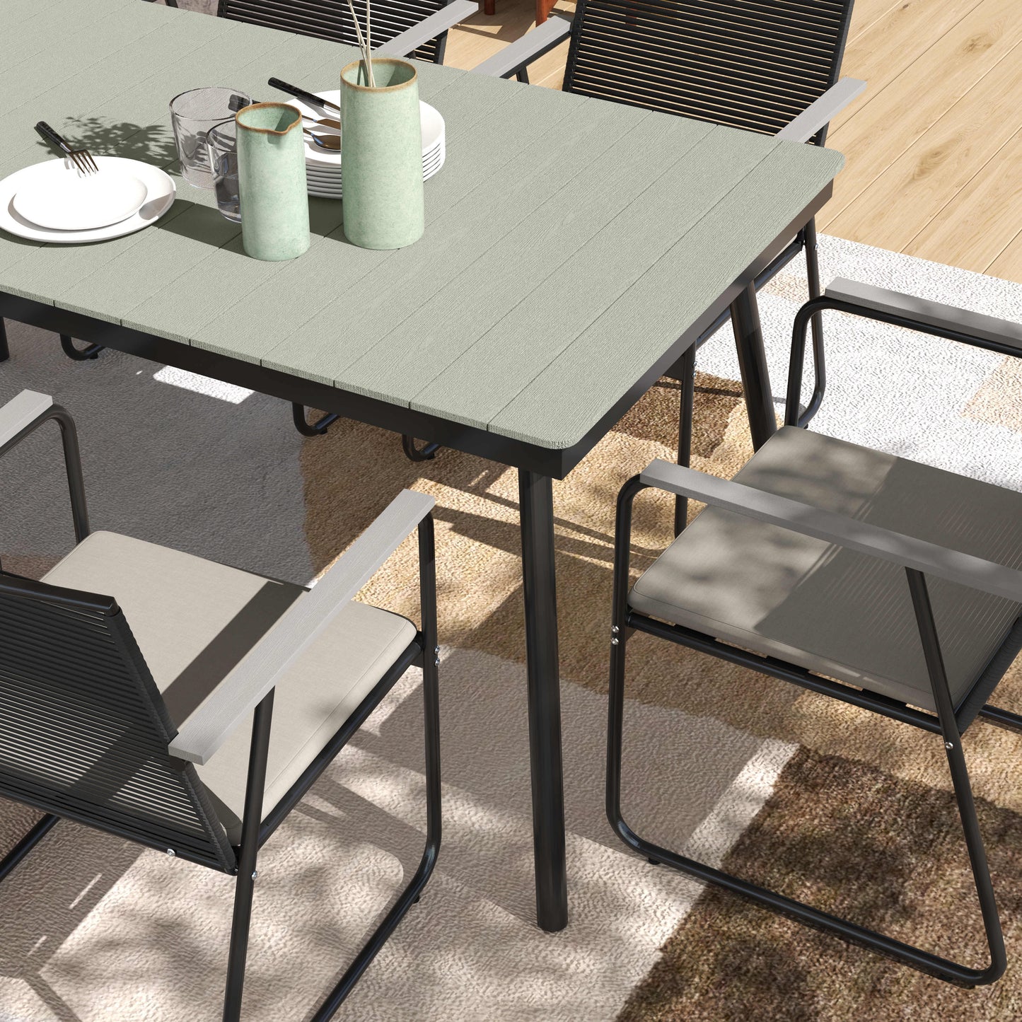 Outsunny 6 Seater Garden Dining Set with Soft Cushions, Rattan Backrest, Rectangular Plastic Top, Garden Furniture Set, Outdoor Dining Table and Chairs for Patio, Balcony, Poolside, Grey