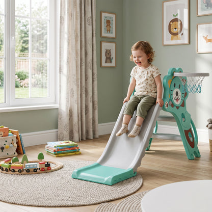 AIYAPLAY Baby Slide with Basketball Hoop, Climber, Easy to Assemble Kids Slide for Indoor Use, for Ages 18-36 Months - Blue