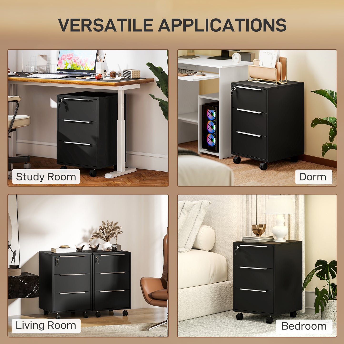 HOMCOM Three-Drawer Locking Filing Cabinet - Black