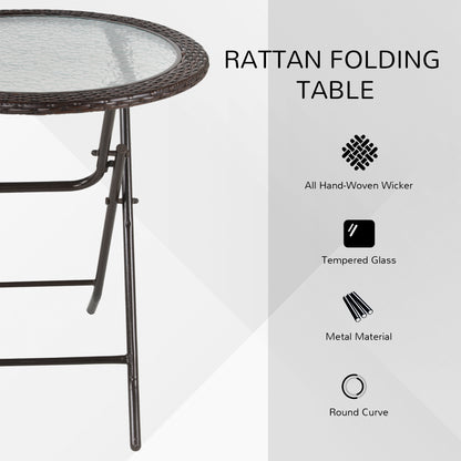 Outsunny Folding Rattan Garden Dining Table, 68 cm Round Rattan Garden Table with Water Ripple Tempered Glass Top, Wicker Edging  and Steel Frame for Outdoor, Patio, Brown