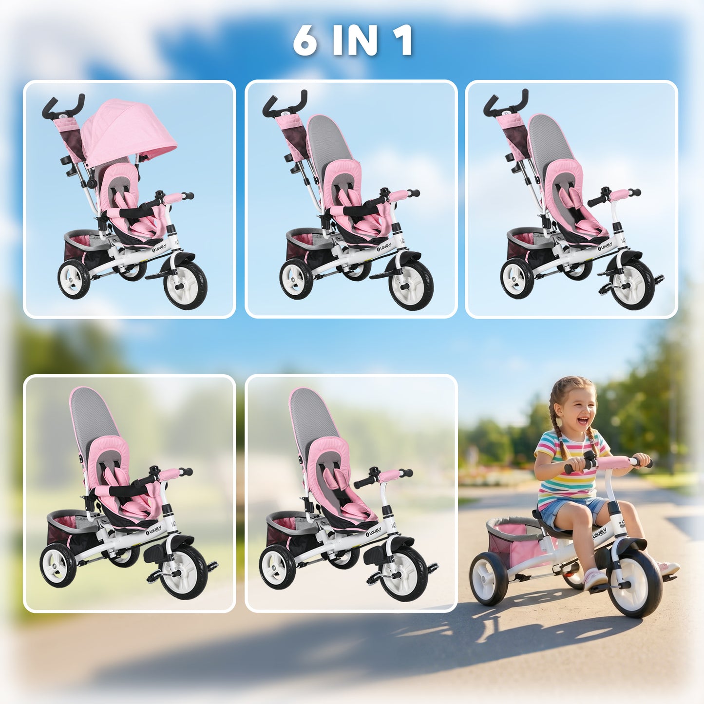 HOMCOM 6 in 1 Kids Trike with Parent Handle, Canopy, 5-point Seat Belt, Storage, Footrest, Brake, for 1-5 Years, Pink