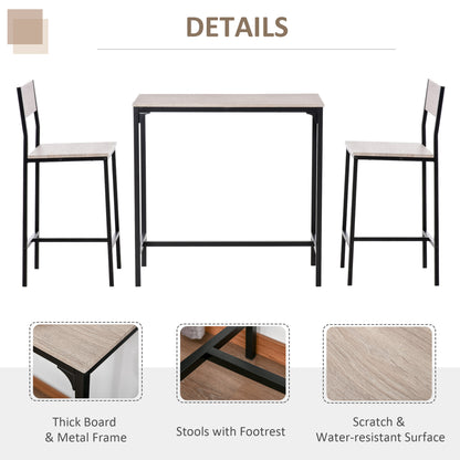 HOMCOM 3-Piece Bar Table Set with 2 Stools, Industrial Breakfast Bar Set with Footrest, Backrest for Dining Room, Small Space
