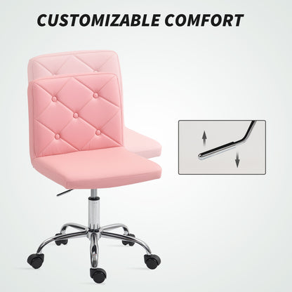 HOMCOM PU Leather Armless Office Chair, Modern Vanity Computer Swivel Chair with Rolling Wheels and Adjustable Height for Home Study, Bedroom, Pink