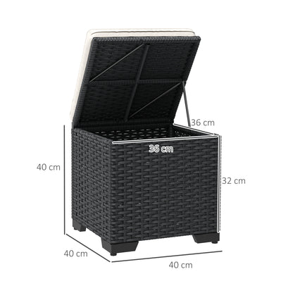 Outsunny Set of 2 Rattan Storage Ottoman, Outdoor Footstool with Removable Cushions, Garden Storage Seat for Balcony, Porch, Living Room, Cream