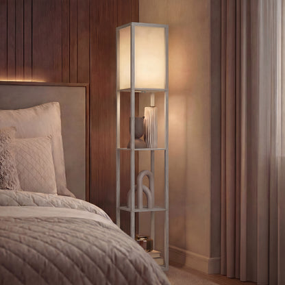 HOMCOM 3-Tier Floor Lamp with Shelves and Storage, Modern Corner Standing Lamp with Lampshade, Reading Light with Foot Switch for Living Room, Bedroom, Home Office, Bulb not Included, Oak