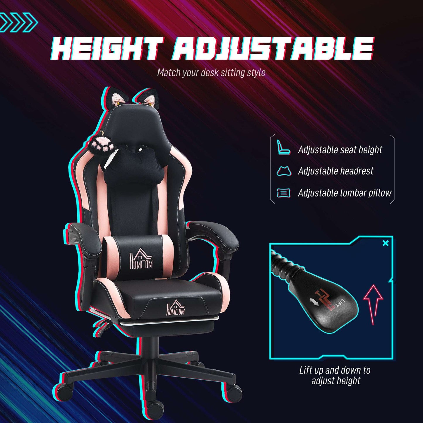 HOMCOM Cat Ear and Paw Reclining Office Chair, with Footrest - Black/Pink