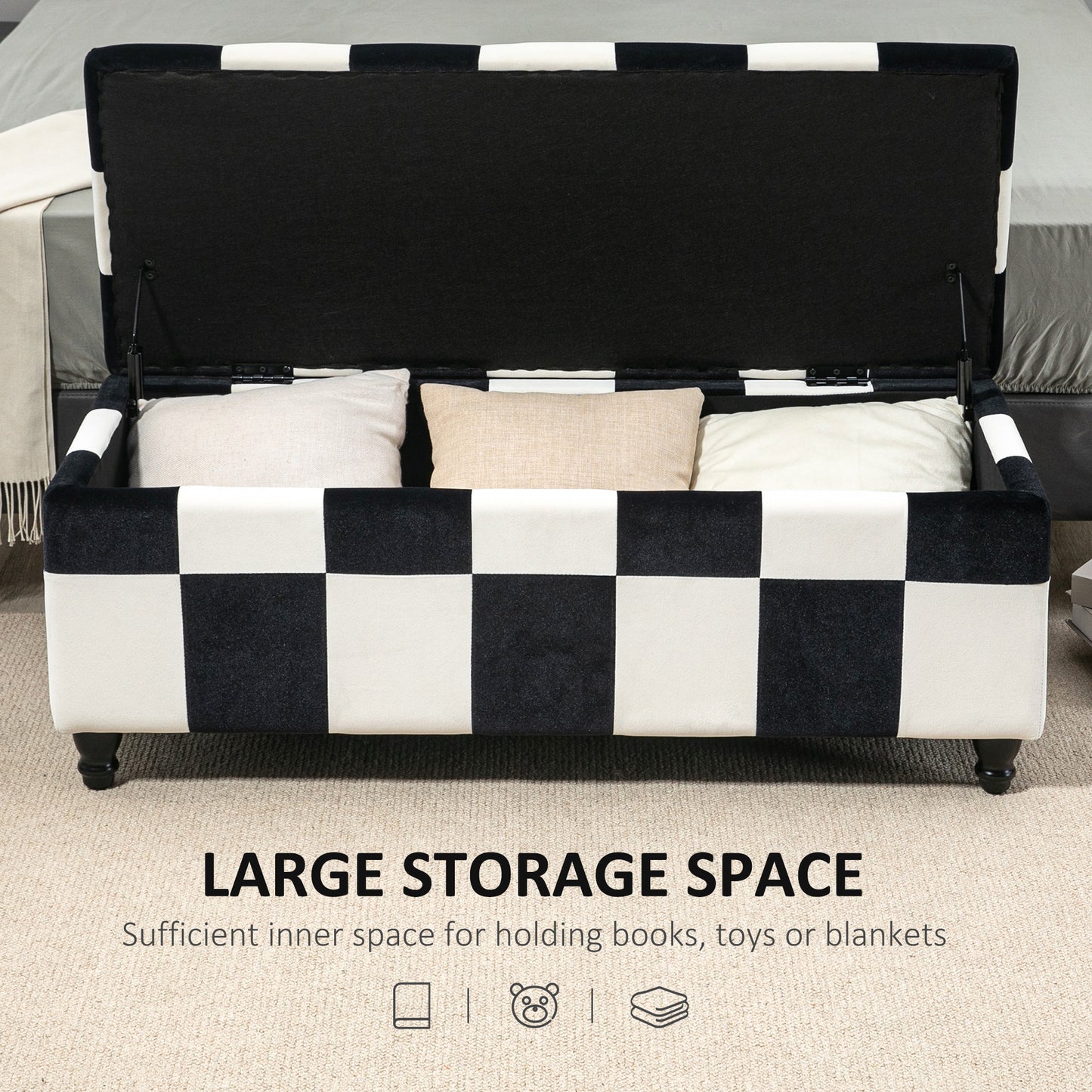 HOMCOM Storage Ottoman, Storage Bench with Wood Legs, Footstool, Footrest with Velvet Surface for Bedroom, Hallway, Living Room, 114 x 47 x 47 cm, White and Black