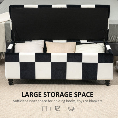 HOMCOM Storage Ottoman, Storage Bench with Wood Legs, Footstool, Footrest with Velvet Surface for Bedroom, Hallway, Living Room, 114 x 47 x 47 cm, White and Black